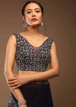 Peacoat Blue Saree With The Crop In Stones Embellishment
