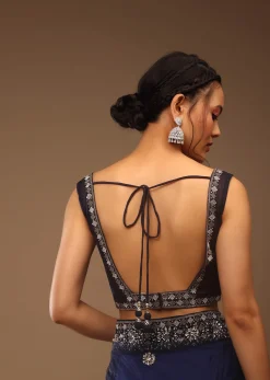 Peacoat Blue Saree With The Crop In Stones Embellishment