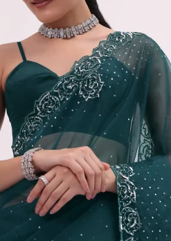 Peacock Blue Embroidered Saree With Unstitched Blouse