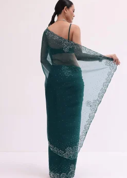 Peacock Blue Embroidered Saree With Unstitched Blouse