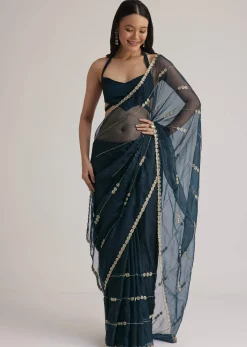 Peacock Blue Organza Saree With Cutdana Embroidery