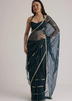 Peacock Blue Organza Saree With Cutdana Embroidery