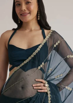 Peacock Blue Organza Saree With Cutdana Embroidery