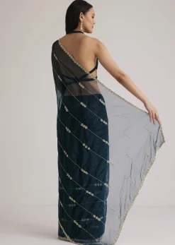 Peacock Blue Organza Saree With Cutdana Embroidery