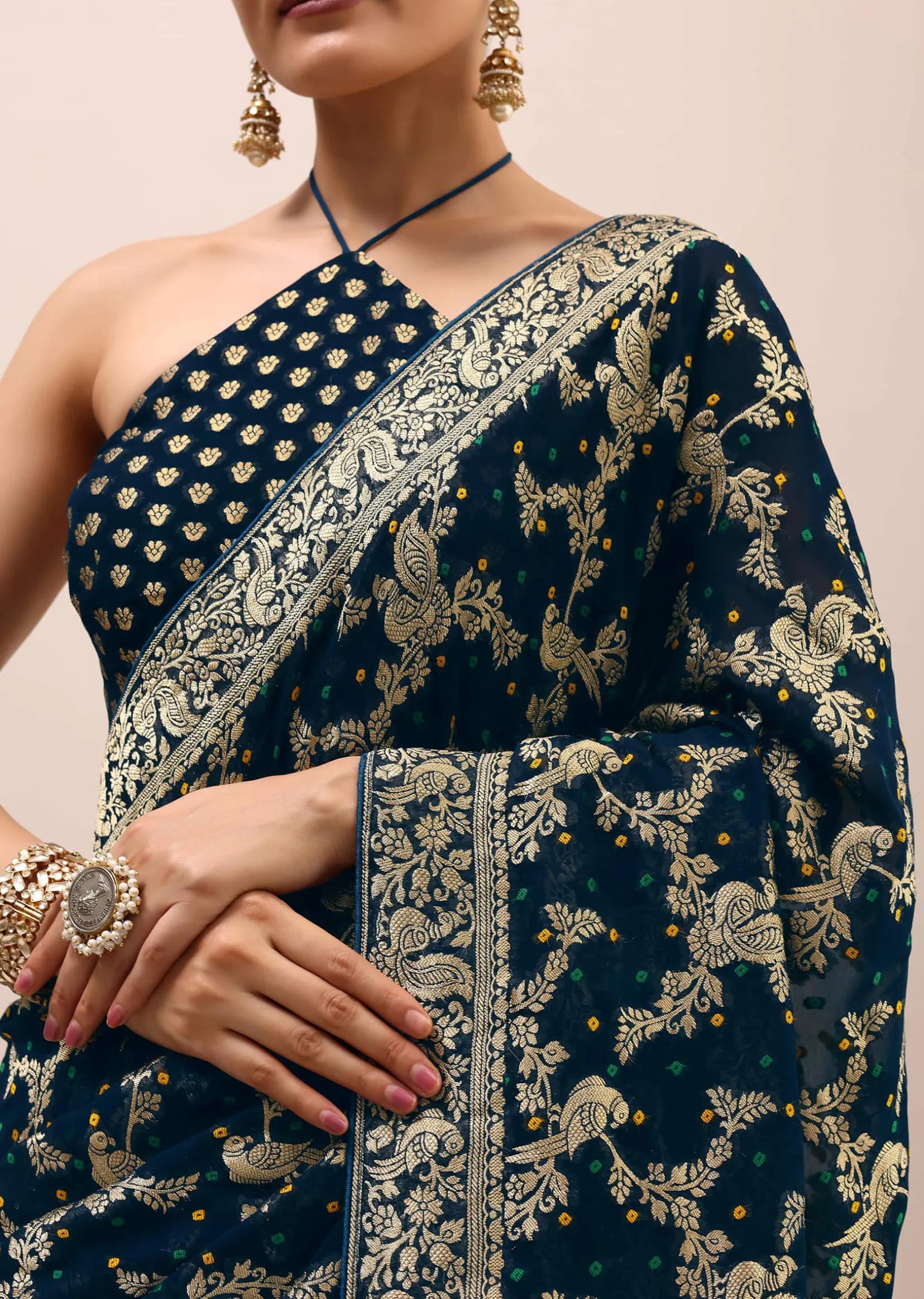 Peacock Blue Saree In Zari Jaal With Unstitched Blouse