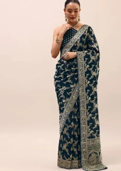 Peacock Blue Saree In Zari Jaal With Unstitched Blouse