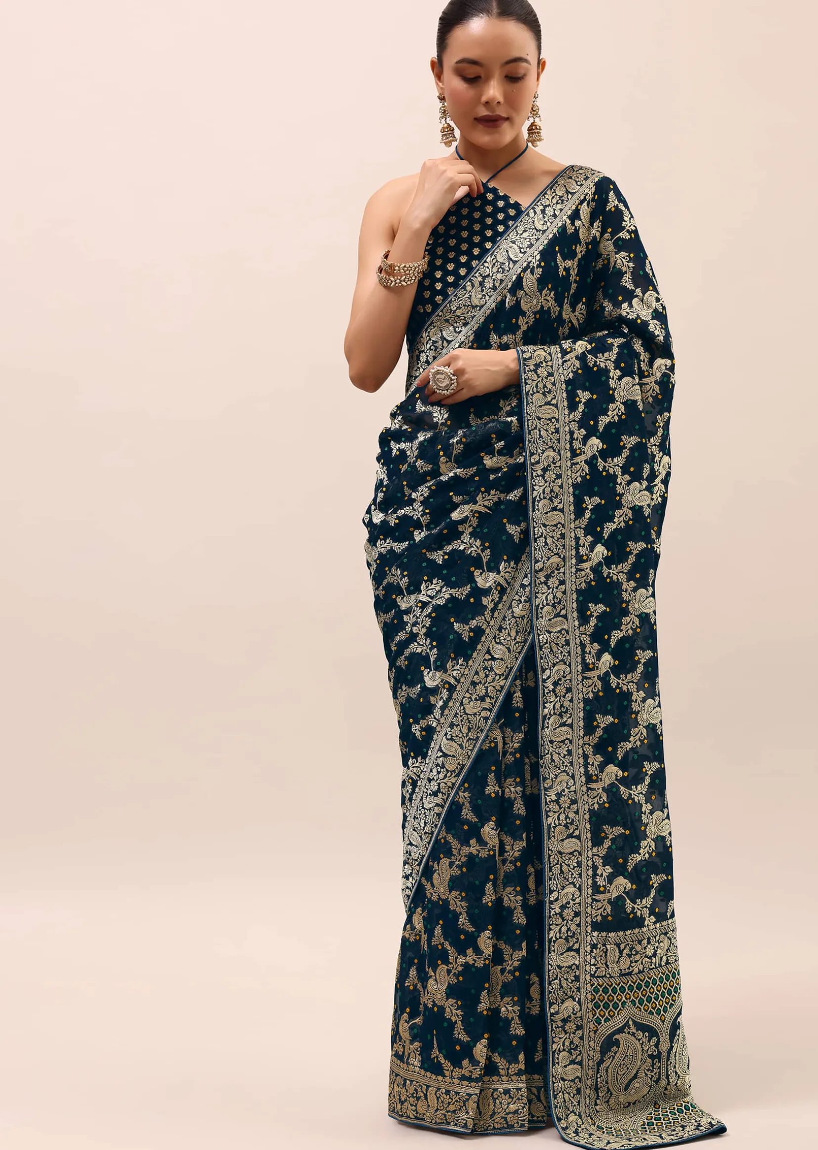 Peacock Blue Saree In Zari Jaal With Unstitched Blouse