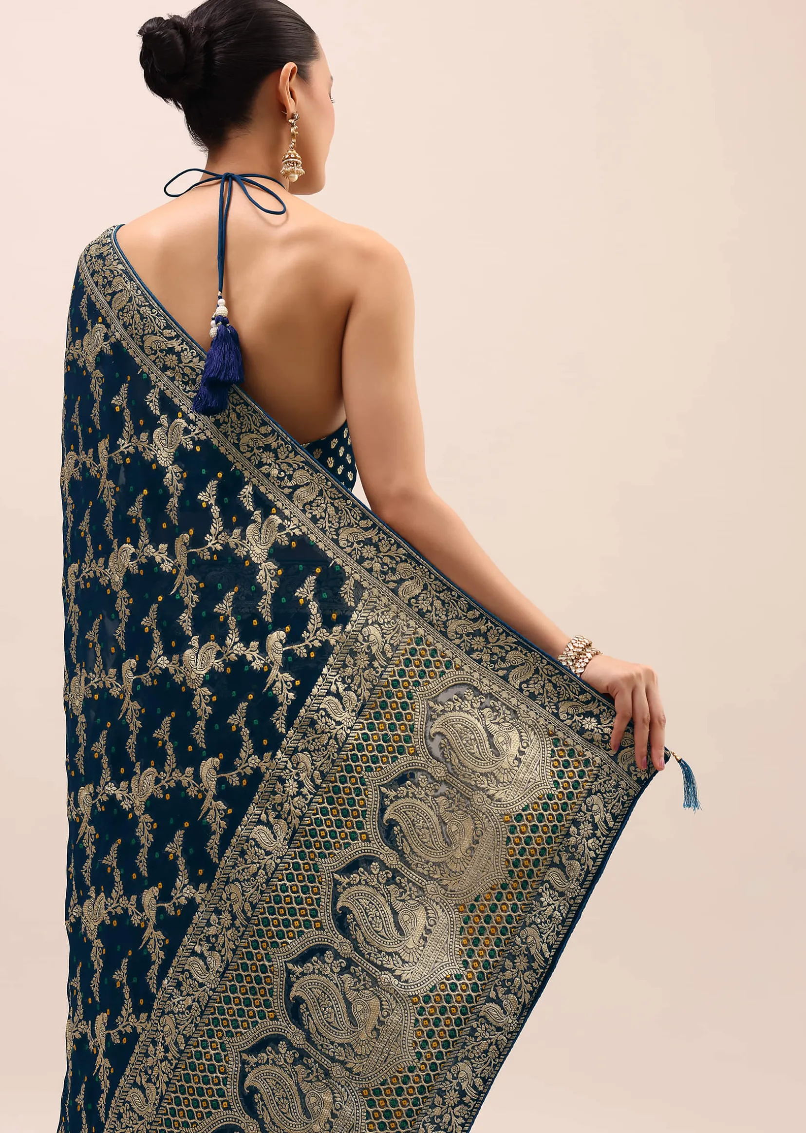 Peacock Blue Saree In Zari Jaal With Unstitched Blouse