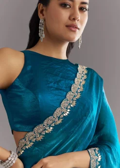 Peacock Blue Satin Saree With Gota Patti Embroidery And Scallop Border