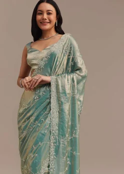 Peacock Blue Tissue Silk Saree Embellished With Stones All Over