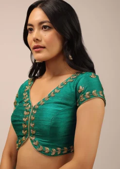 Peacock Green Blouse In Raw Silk With Zardosi Embroidery And A Diamond Cut Out On The Back