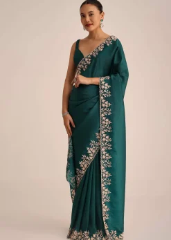 Peacock Green Crushed Tissue Saree With Cutdana And Sequin Border With Unstitched Blouse