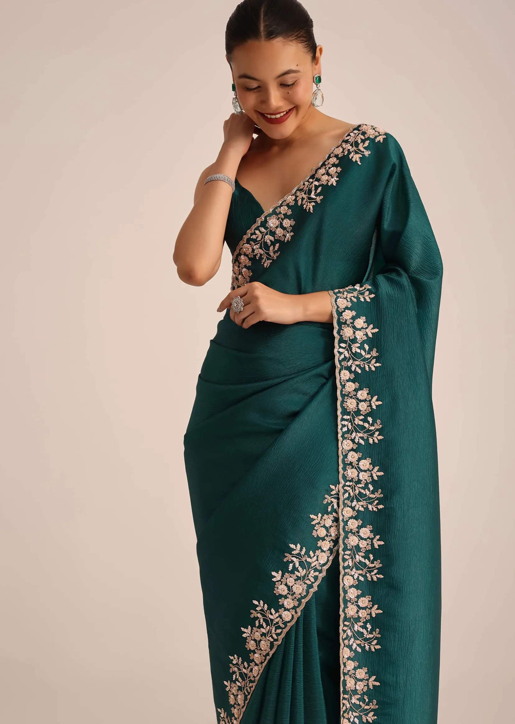 Peacock Green Crushed Tissue Saree With Cutdana And Sequin Border With Unstitched Blouse