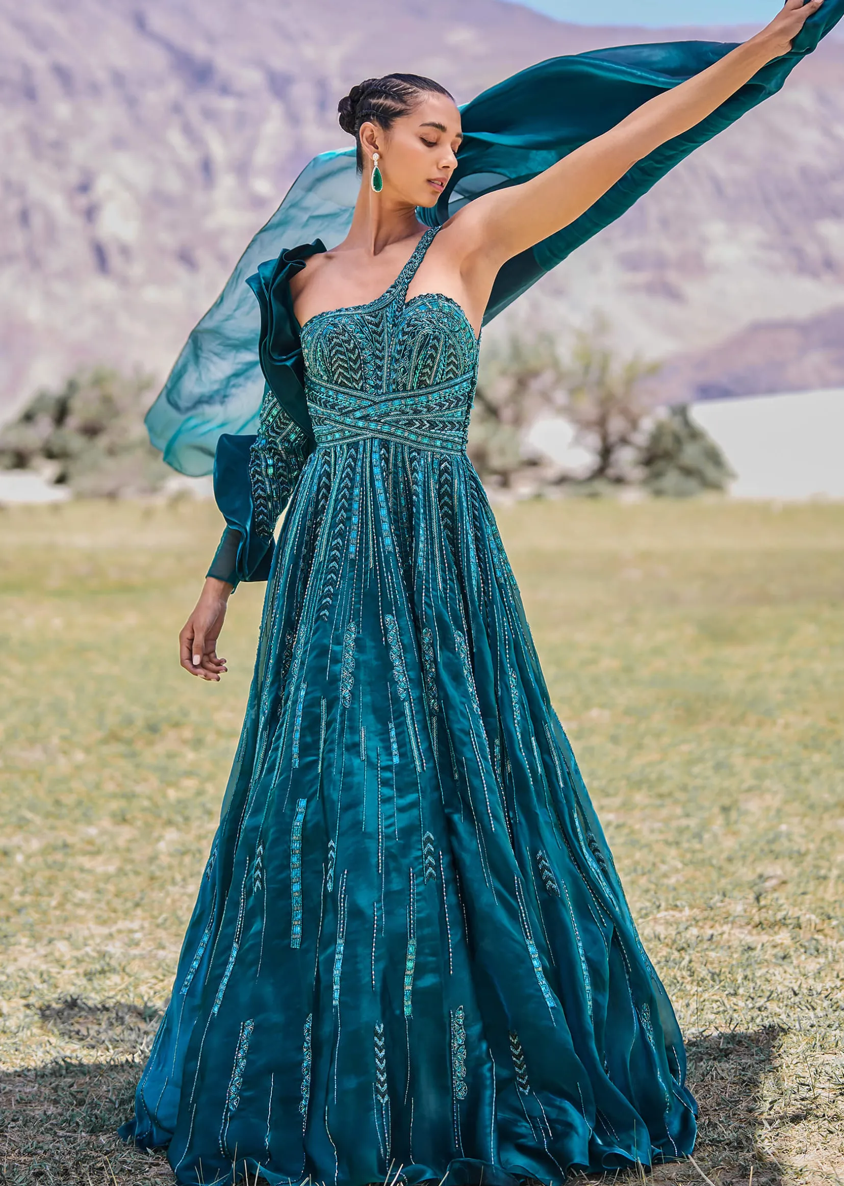Peacock Green Embroidered Circular Frill Gown With Long Trail