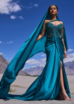 Peacock Green Embroidered Satin Gown With Sweetheart Neckline