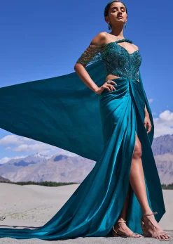 Peacock Green Embroidered Satin Gown With Sweetheart Neckline