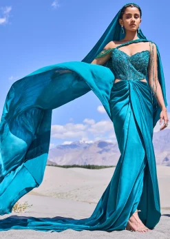 Peacock Green Embroidered Satin Gown With Sweetheart Neckline