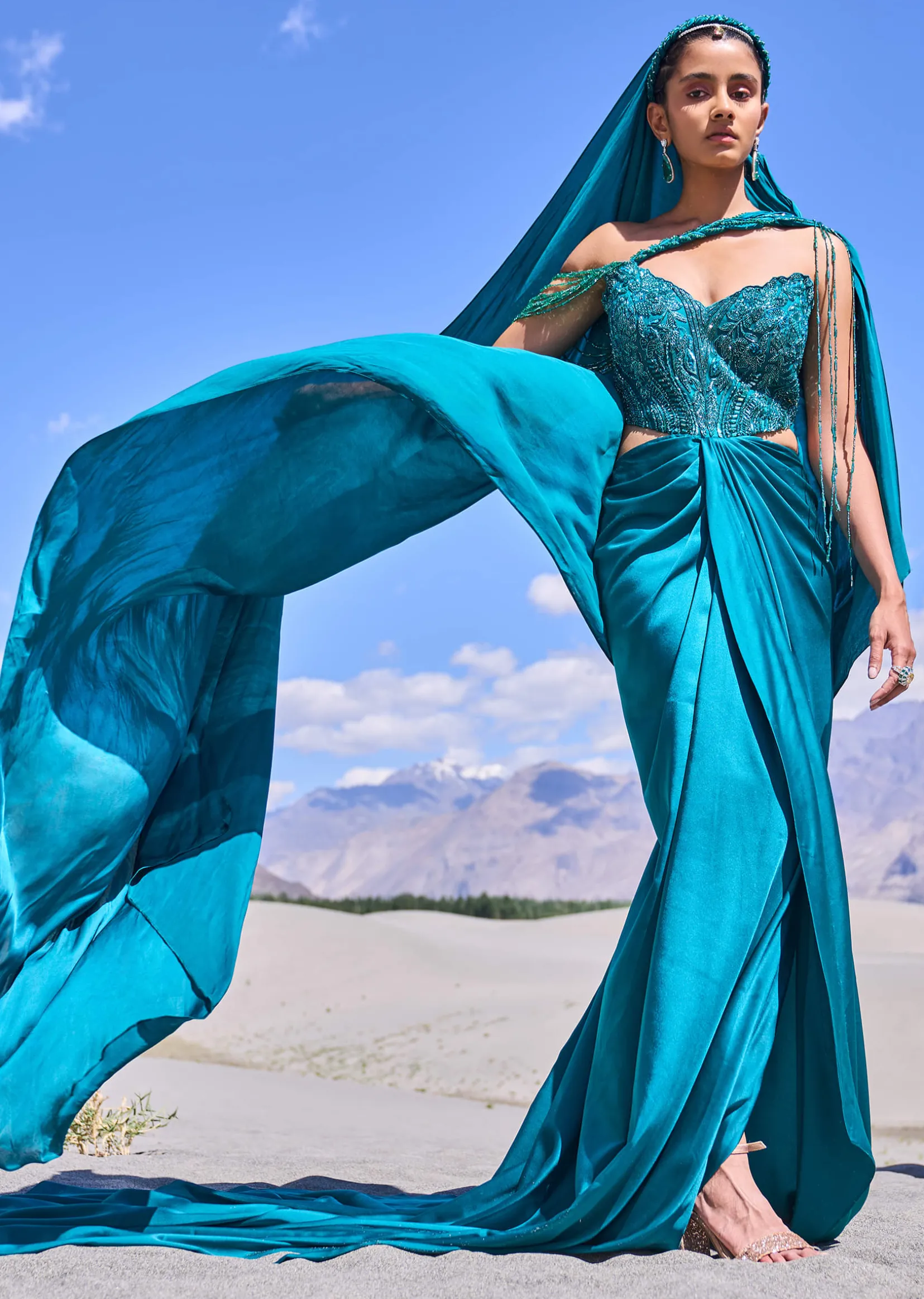 Peacock Green Embroidered Satin Gown With Sweetheart Neckline