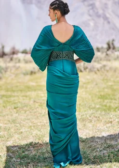 Peacock Green Embroidered Pre Draped Gown With Kimono Sleeves