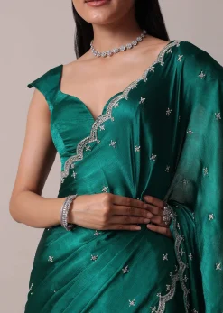 Peacock Green Saree In Satin Chinon With Scallop Border And Unstitched Blouse Piece