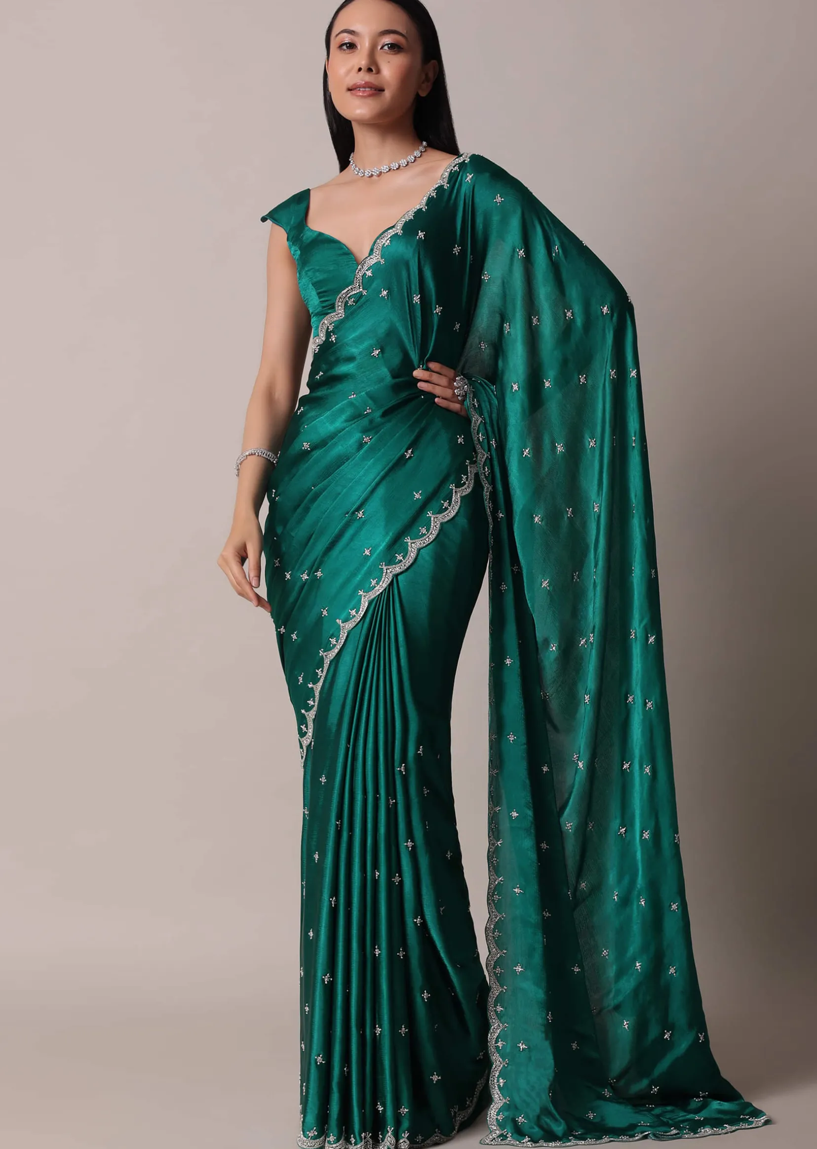 Peacock Green Saree In Satin Chinon With Scallop Border And Unstitched Blouse Piece