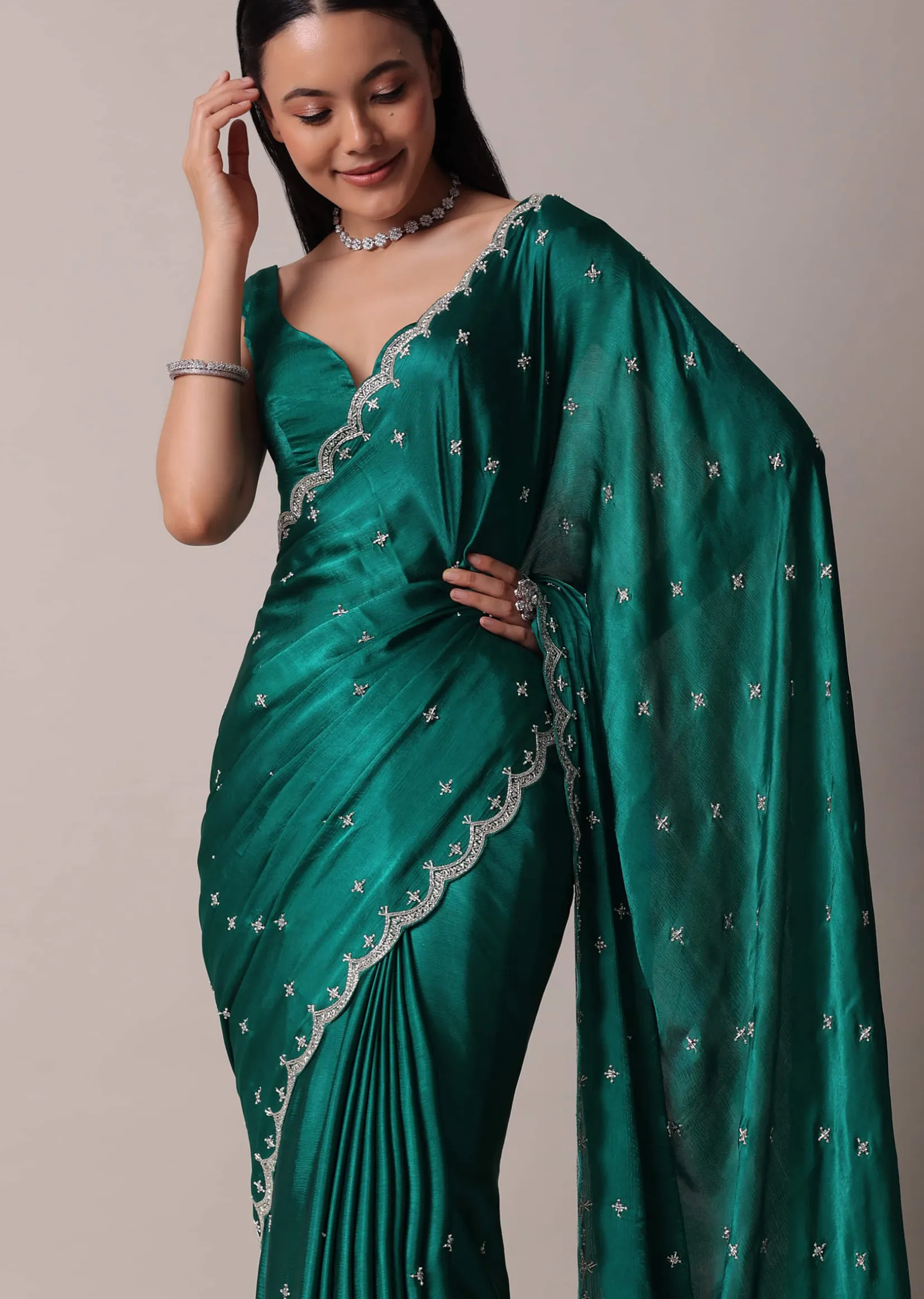 Peacock Green Saree In Satin Chinon With Scallop Border And Unstitched Blouse Piece