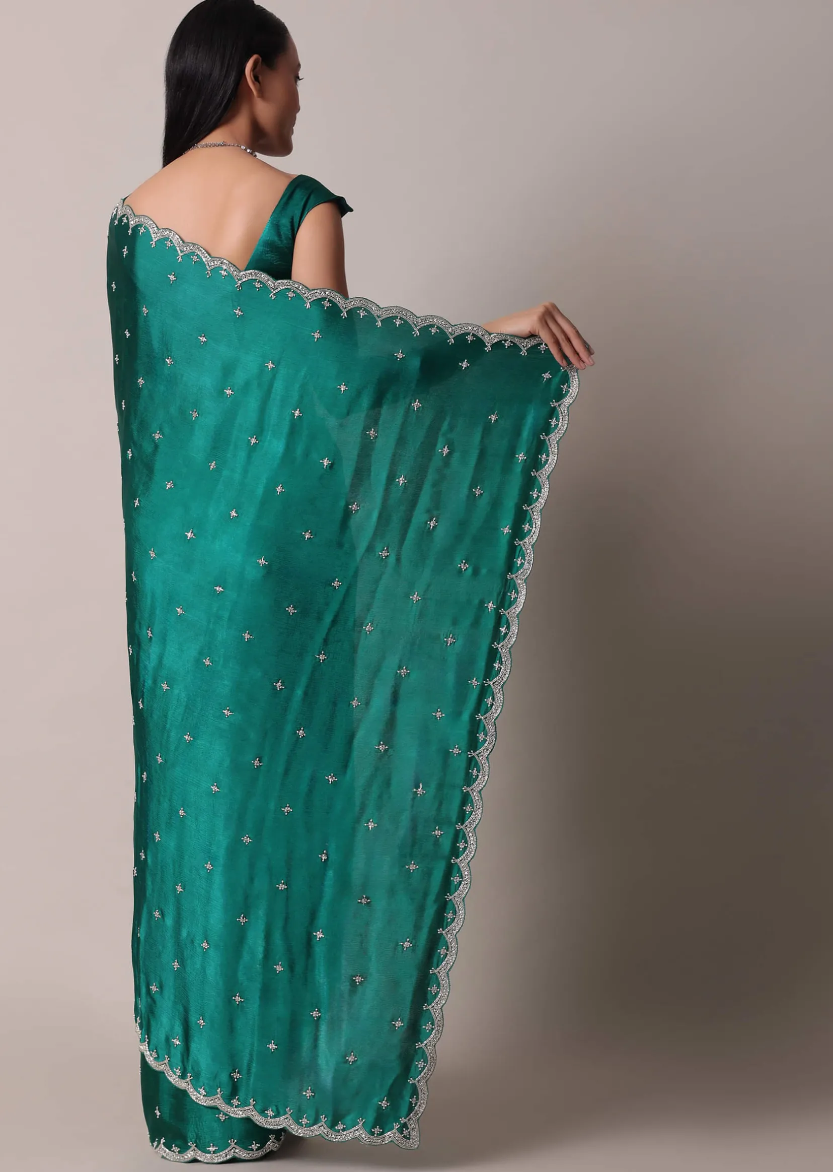 Peacock Green Saree In Satin Chinon With Scallop Border And Unstitched Blouse Piece