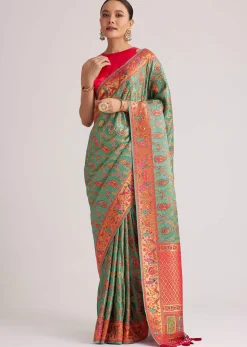 Peacock Green Satin Silk Saree With Jaal Work And Zari Border