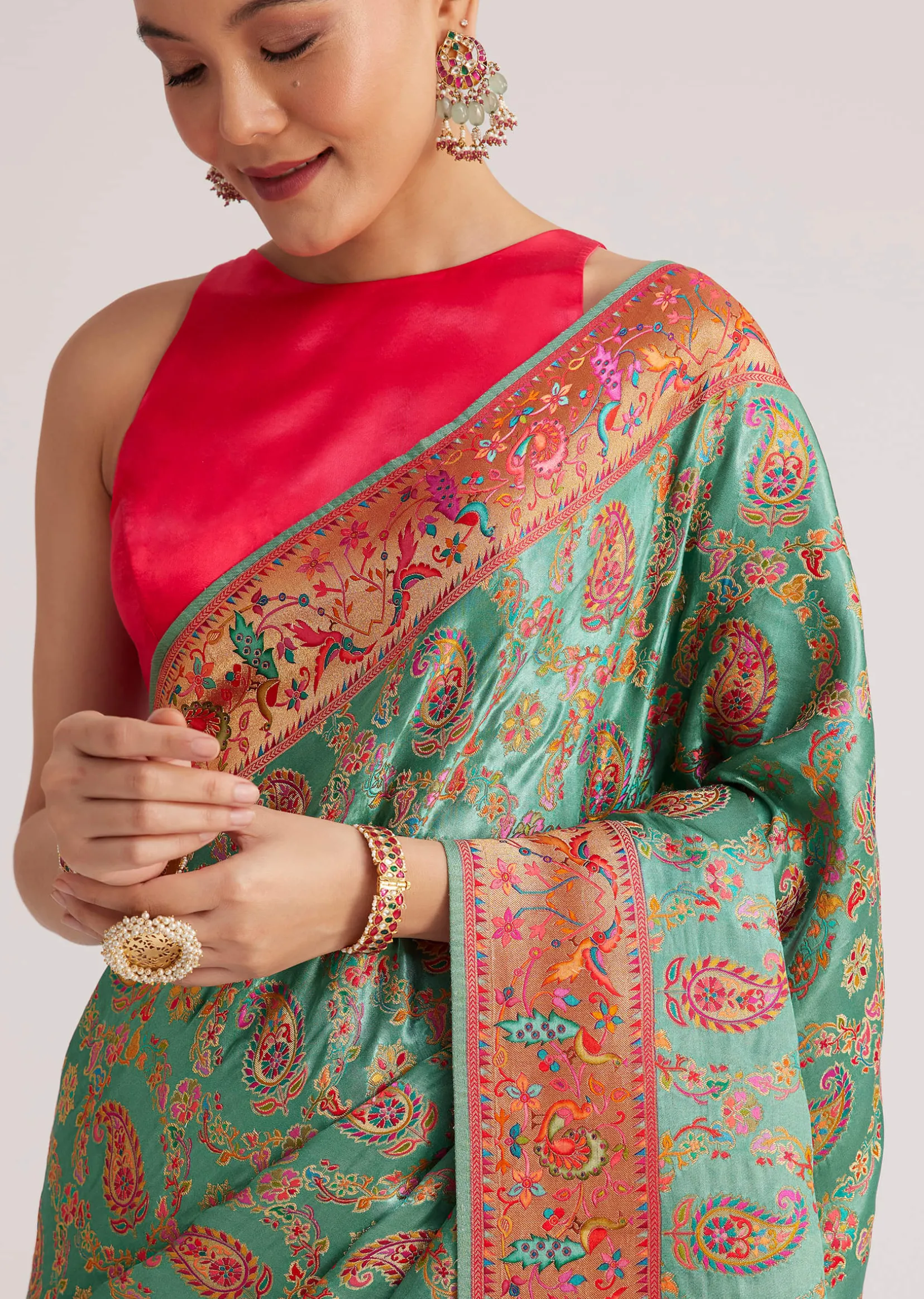 Peacock Green Satin Silk Saree With Jaal Work And Zari Border