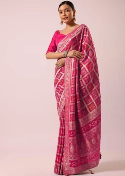 Peacock Rani Pink Dola Silk With Bandhani Weave Detail