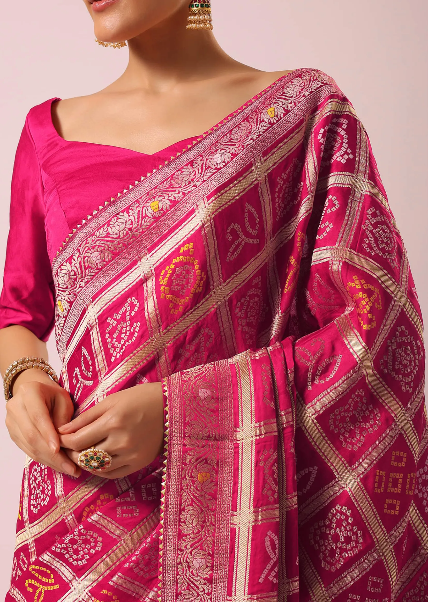 Peacock Rani Pink Dola Silk With Bandhani Weave Detail