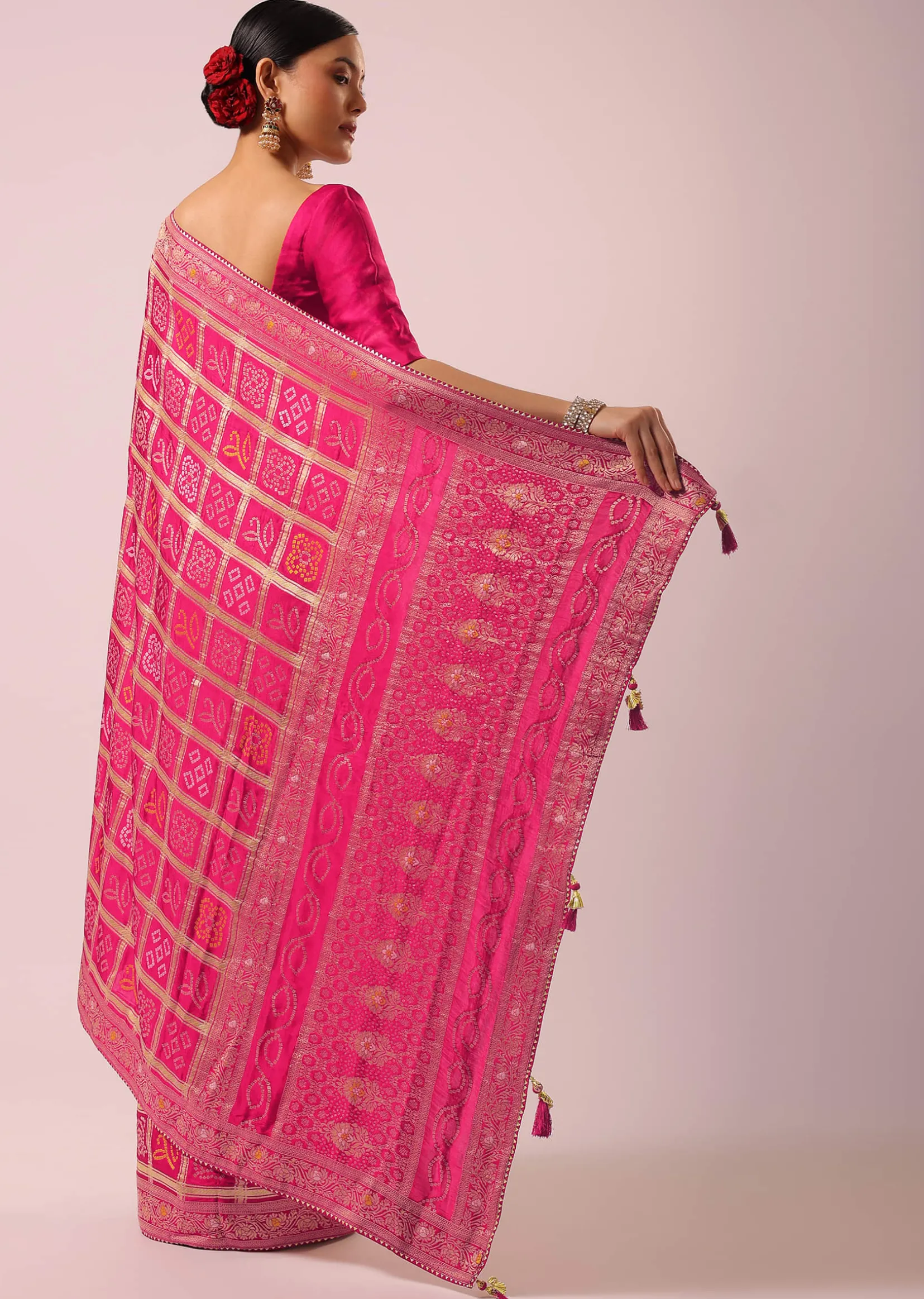 Peacock Rani Pink Dola Silk With Bandhani Weave Detail