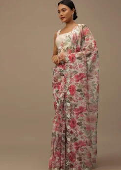 Pearl White Embroidered Organza Saree With Floral Print And Scallop Borders
