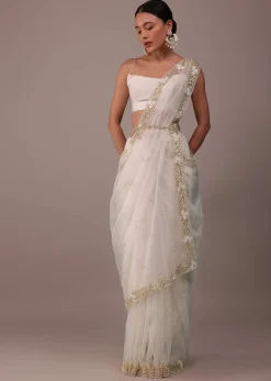 Pearl White Organza Saree With Cut Dana Embroidery