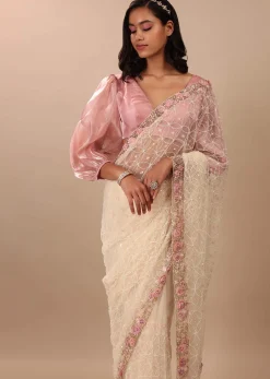 Pearl White Saree Fully Embroidered In Net Fabric