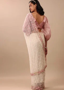 Pearl White Saree Fully Embroidered In Net Fabric