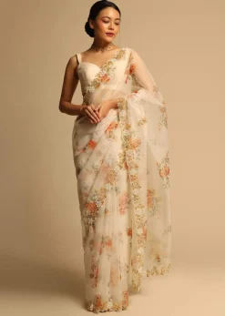 Pearl White Saree In Organza With Floral Print All Over And Moti Embroidered Border Along With Unstitched Blouse