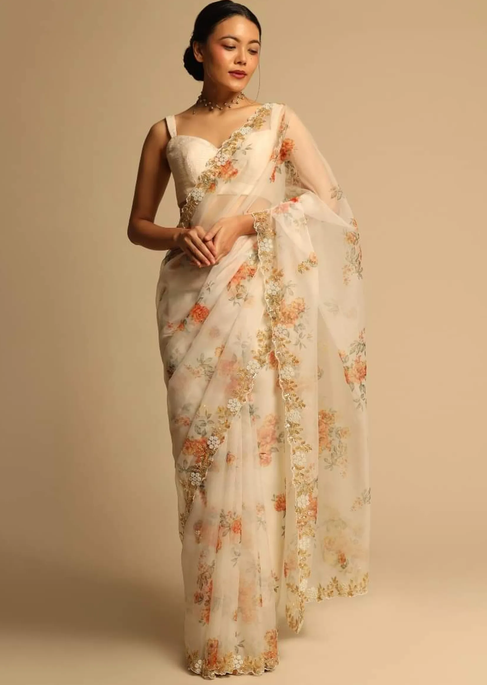 Pearl White Saree In Organza With Floral Print All Over And Moti Embroidered Border Along With Unstitched Blouse
