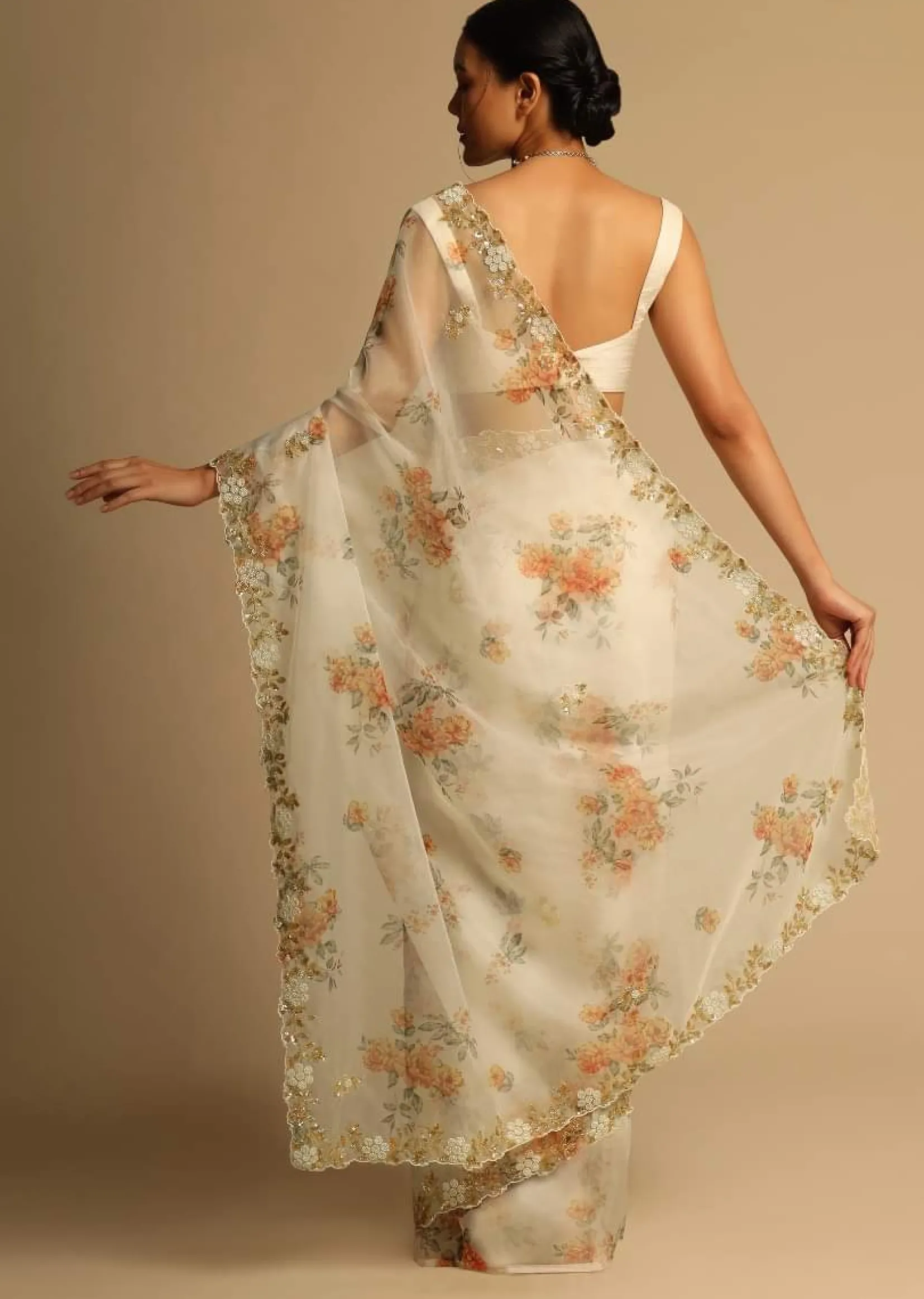 Pearl White Saree In Organza With Floral Print All Over And Moti Embroidered Border Along With Unstitched Blouse