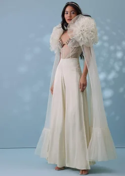 Pearl White Satin Indowestern Embroidered Jumpsuit With Net Shrug