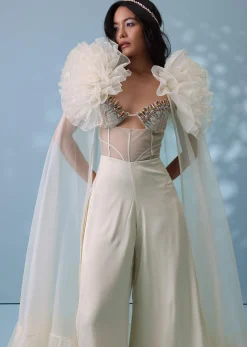 Pearl White Satin Indowestern Embroidered Jumpsuit With Net Shrug