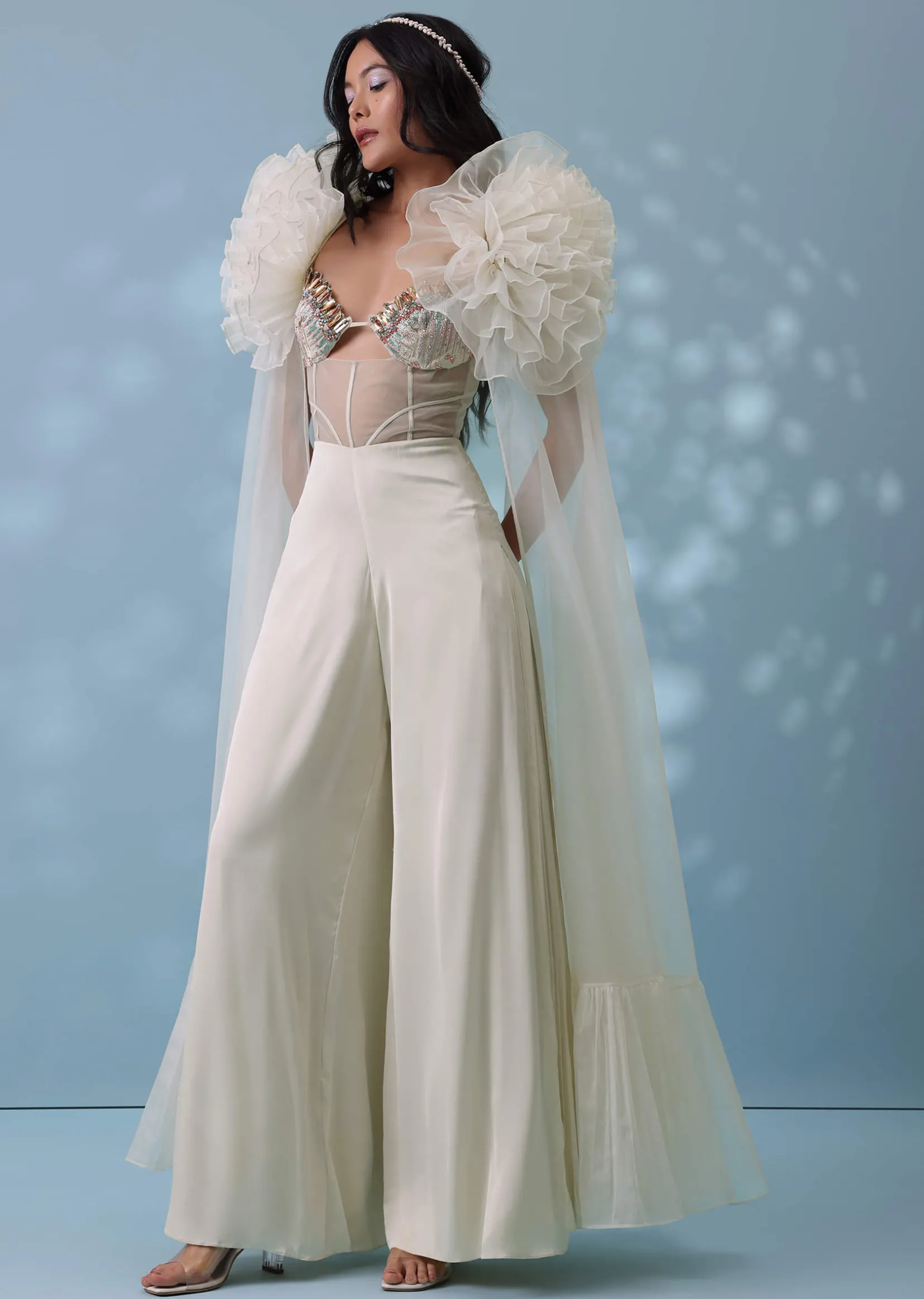 Pearl White Satin Indowestern Embroidered Jumpsuit With Net Shrug