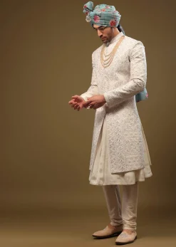 Pearl White Silk Sherwani Set With Exquisite Zari And Sequin Embroidery