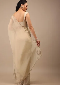 Pebble Brown Glass Tissue Saree Adorned With Floral Buttis, Zardosi Embroidery And 3D Sequins
