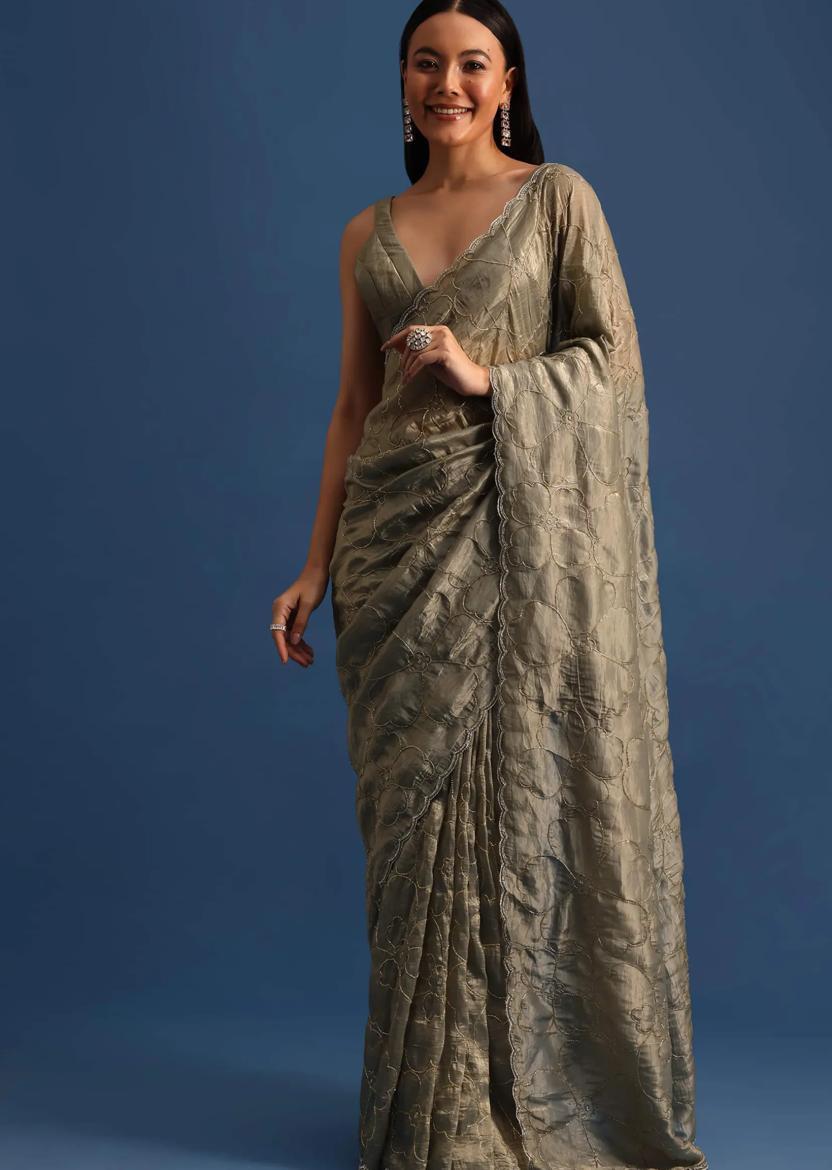 Pencil Grey Cutdana Embroidered Crepe Saree With Unstitched Blouse