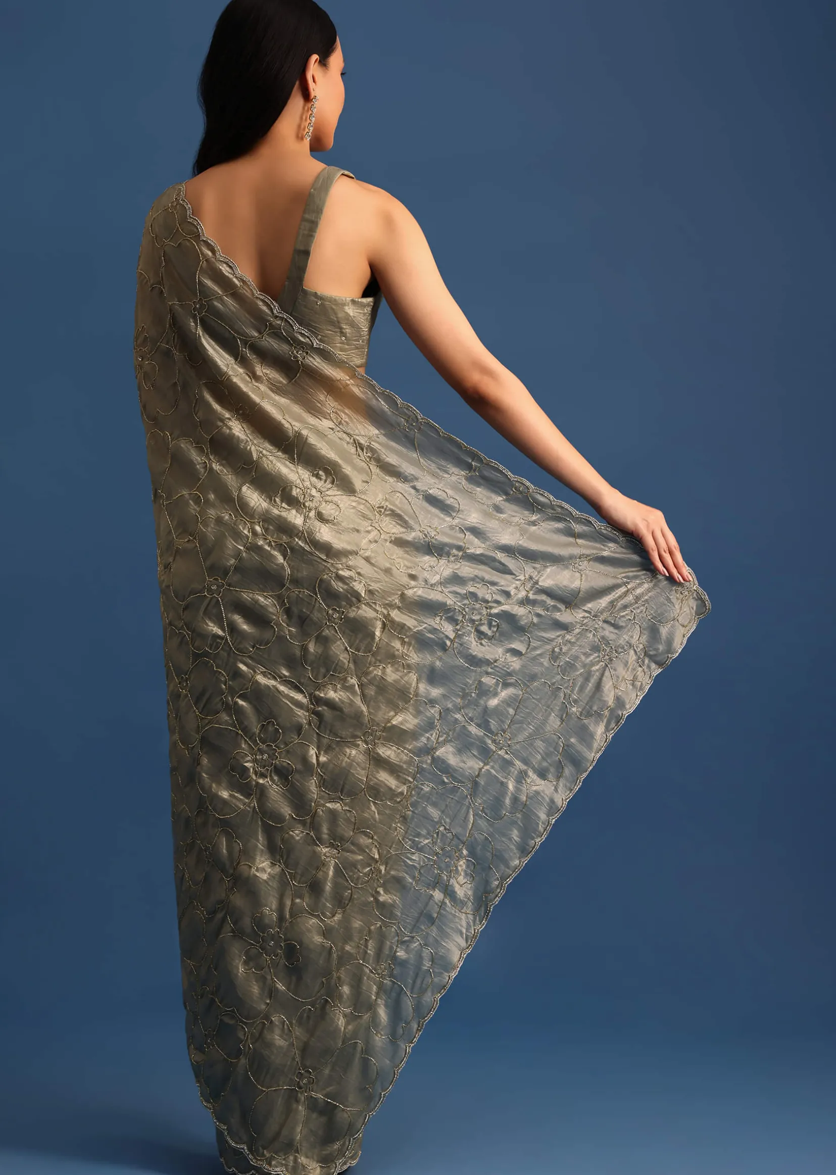 Pencil Grey Cutdana Embroidered Crepe Saree With Unstitched Blouse