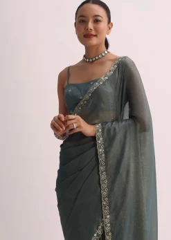 Pencil Grey Saree With Embroidered Border And Unstitched Blouse
