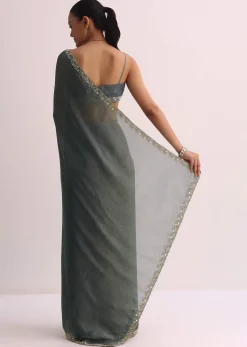 Pencil Grey Saree With Embroidered Border And Unstitched Blouse