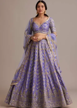 Periwinkle Blue Jacquard Lehenga Set With Zari And Sequins Work