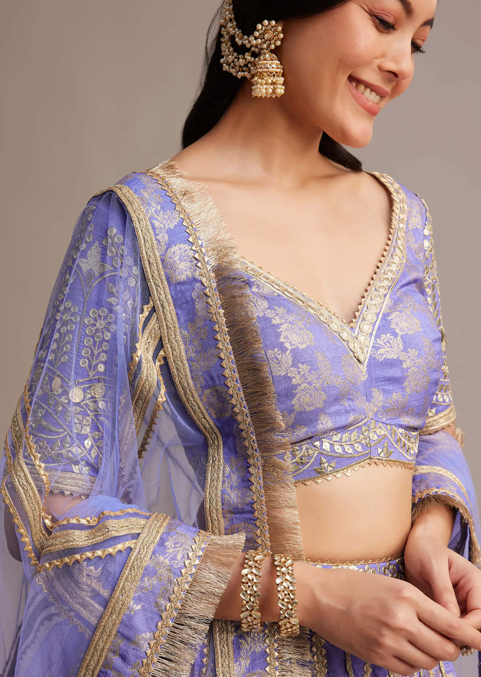 Periwinkle Blue Jacquard Lehenga Set With Zari And Sequins Work
